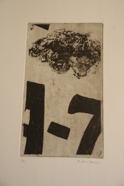 Vintage etching with numbers and abstract marks — mixed media print by Elisa Sassera