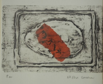 Red abstract form within framed border — screenprint by Elisa Sassera
